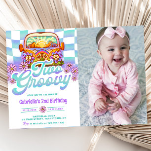 Two Groovy 2nd Birthday Party Boho Floral Photo Invitation