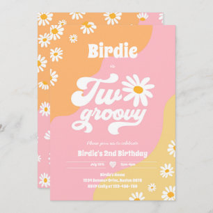 Two Groovy 2nd Birthday Party Boho Retro Daisy Inv Invitation