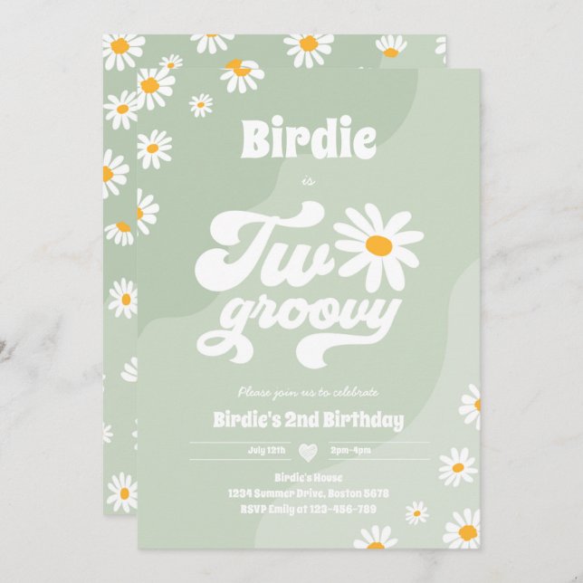 Two Groovy 2nd Birthday Party Boho Retro Daisy Invitation (Front/Back)