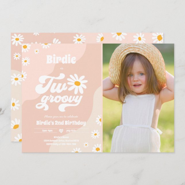 Two Groovy 2nd Birthday Party Boho Retro Daisy Invitation (Front/Back)