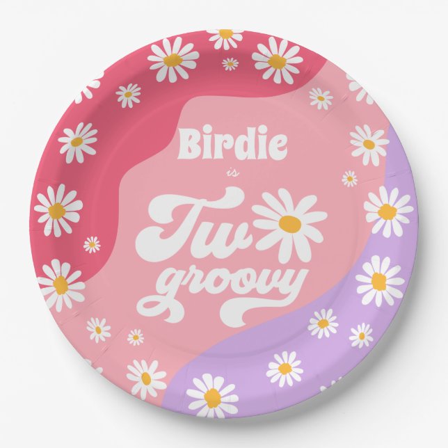 Two Groovy 2nd Birthday Party Boho Retro Daisy Paper Plates (Front)
