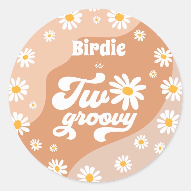 Two Groovy 2nd Birthday Party Retro Daisy Favors Classic Round Sticker (Front)