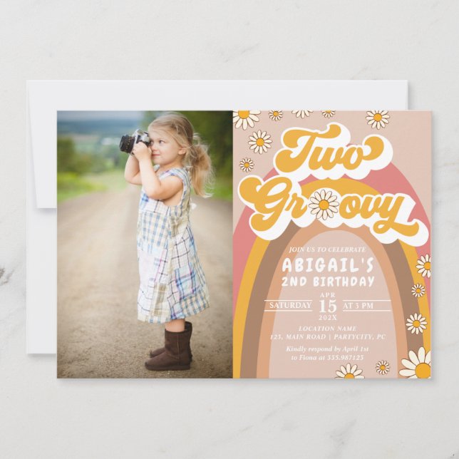 Two Groovy 2nd Birthday Photo Invitation (Front)