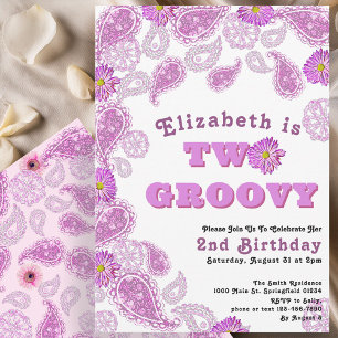 Two Groovy 2nd Birthday Pink Paisley and Flowers Invitation