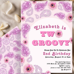 Two Groovy 2nd Birthday Pink Paisley Flower Power Invitation