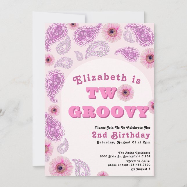 Two Groovy 2nd Birthday Pink Paisley Flower Power Invitation (Front)