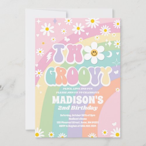 Two Groovy 2nd Birthday Rainbow Peace Love Party  Invitation