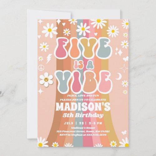 Two Groovy 5th Birthday Rainbow Peace Love Party  Invitation