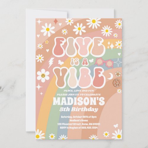 Two Groovy 5th Birthday Rainbow Peace Love Party  Invitation