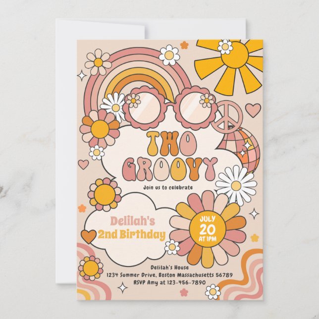 Two Groovy 70s Flower Power Rainbow Birthday Party Invitation (Front)