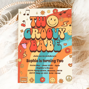Two Groovy Babe Retro Rainbow 2nd Birthday Party Invitation