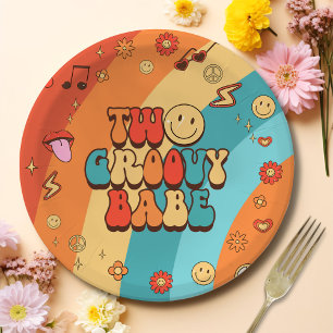 Two Groovy Babe Retro Rainbow 2nd Birthday Party Paper Plates