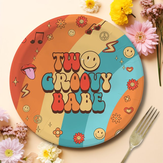 Two Groovy Babe Retro Rainbow 2nd Birthday Party Paper Plates (Creator Uploaded)