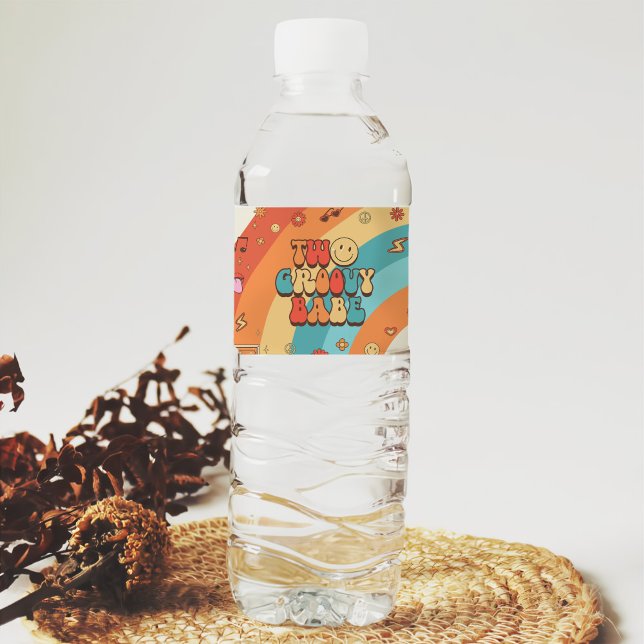 Two Groovy Babe Retro Rainbow 2nd Birthday Party Water Bottle Label (Creator Uploaded)