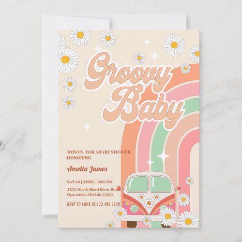 Two Groovy baby shower Pink Daisy Rainbow Van   Invitation