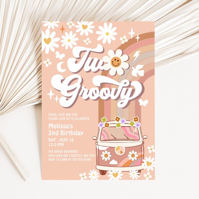 TWO Groovy Beige Mauve Daisy 2nd Birthday Invitation (Creator Uploaded)