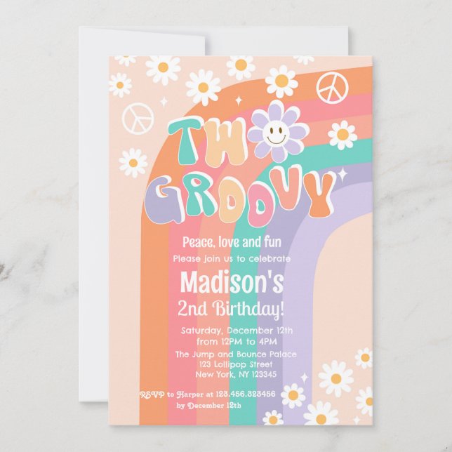 Two Groovy Boho Daisy 2nd Birthday Invitations (Front)