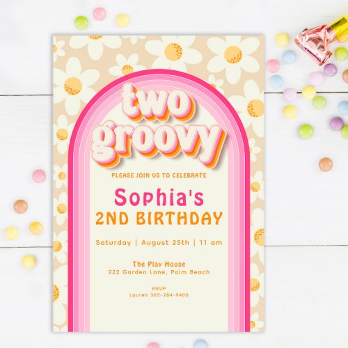 Two Groovy Boho Daisy Rainbow 2nd Birthday Invitation