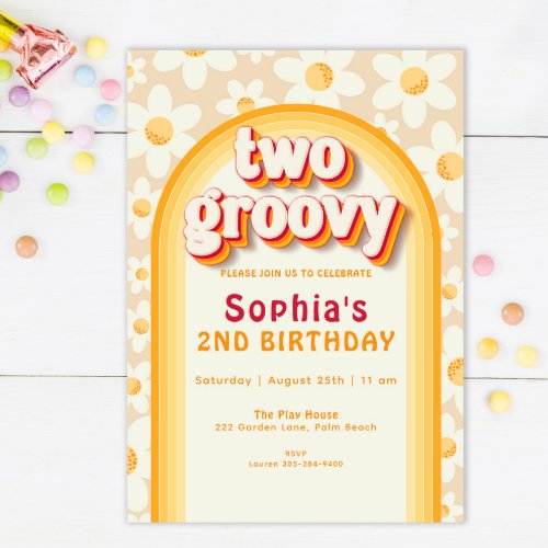 Two Groovy Boho Daisy Rainbow 2nd Birthday Invitation