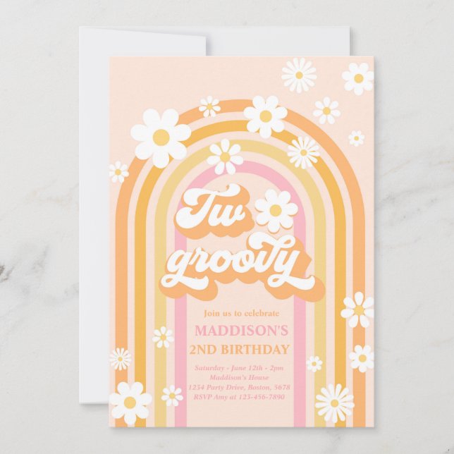 Two Groovy Boho Daisy Rainbow 2nd Birthday Party Invitation (Front)