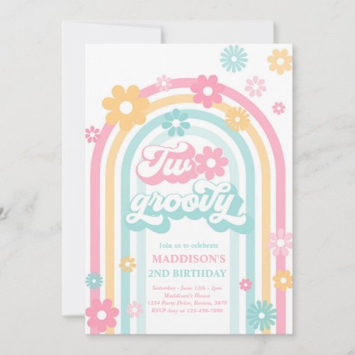 Two Groovy Boho Daisy Rainbow 2nd Birthday Party Invitation