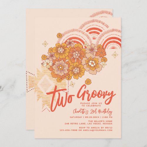 Two Groovy Boho Floral Groovy 2nd Birthday Party Invitation