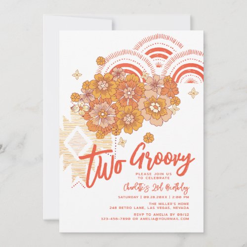 Two Groovy Boho Floral Groovy 2nd Birthday Party Invitation