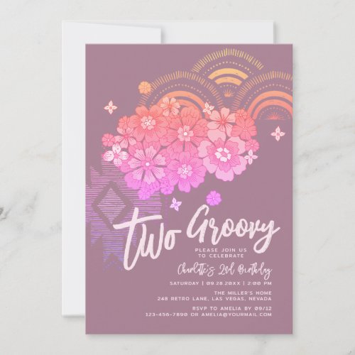 Two Groovy Boho Floral Retro 2nd Birthday Party Invitation