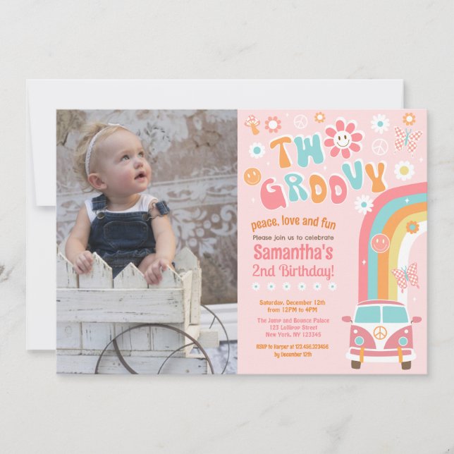 Two Groovy Boho Retro 2nd Birthday Invitations (Front)
