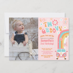 Two Groovy Boho Retro 2nd Birthday Invitations