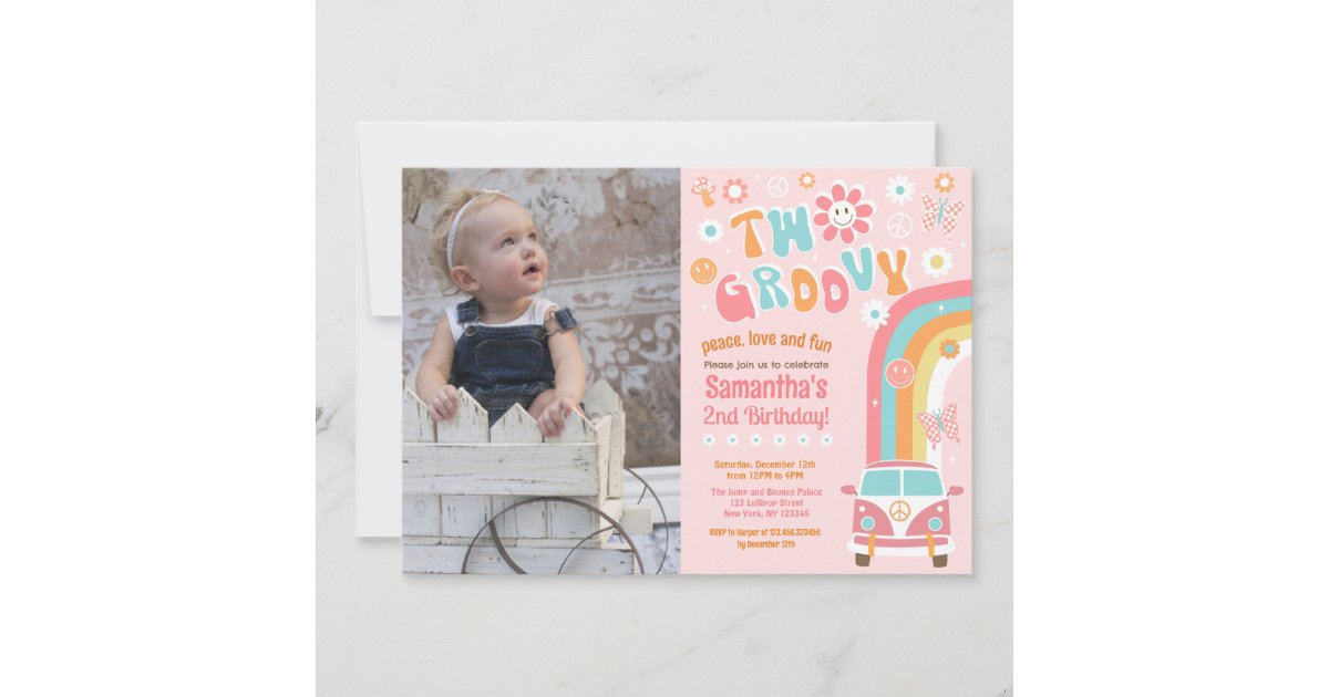 Two Groovy Boho Retro 2nd Birthday Invitations