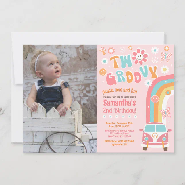 Two Groovy Boho Retro 2nd Birthday Invitations