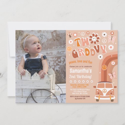 Two Groovy Boho Retro 2nd Birthday Invitations