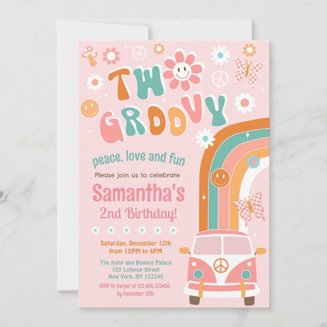 Two Groovy Boho Retro 2nd Birthday Invitations (Front)