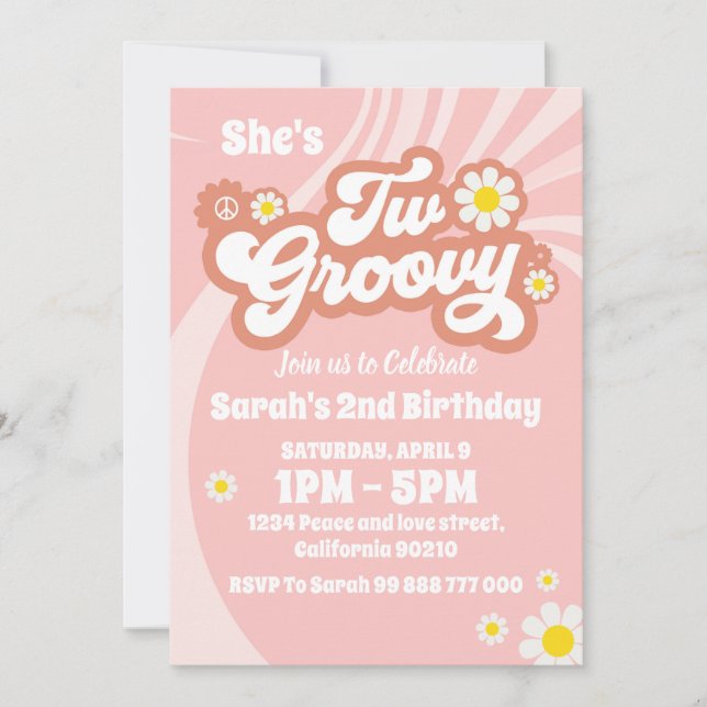 Two Groovy Boho Retro Daisy 2nd Birthday Party  Invitation (Front)
