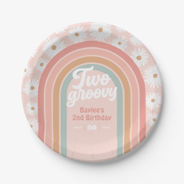 Two Groovy Boho Retro Daisy 2nd Birthday Party Paper Plates (Front)