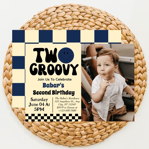 Two Groovy Boy 2nd Birthday Photo  Invitation