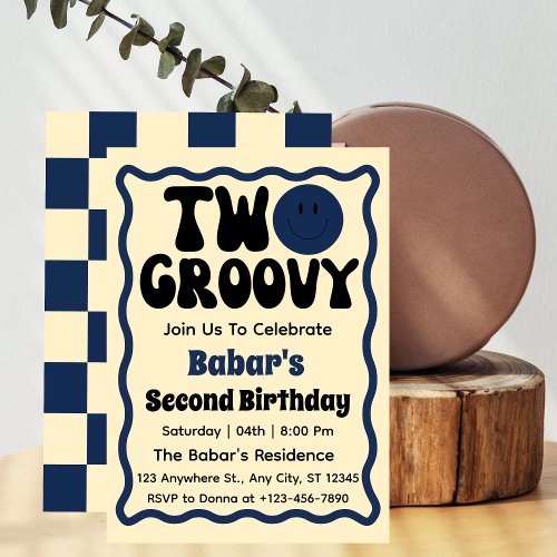 Two Groovy Boy 2nd Birthday Retro Wavy Curve  Invitation