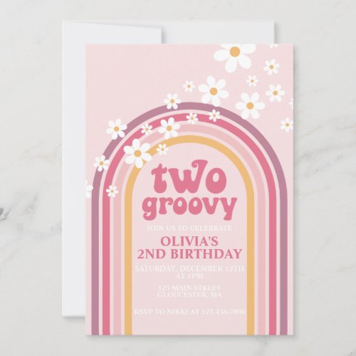 Two Groovy daisy boho floral rainbow 2nd birthday Invitation