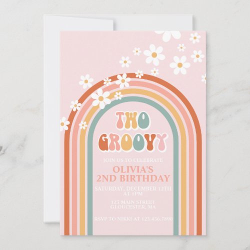 Two Groovy daisy boho floral rainbow 2nd birthday  Invitation