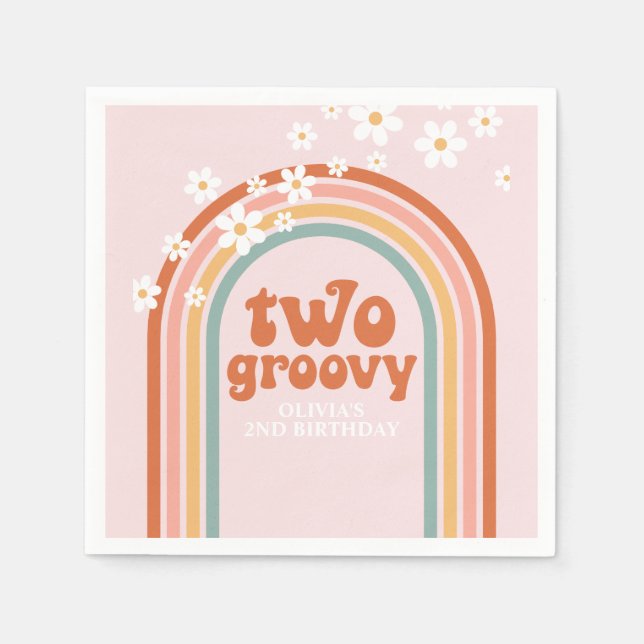 Two Groovy daisy boho floral rainbow 2nd birthday Napkins (Front)