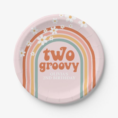Two Groovy daisy boho floral rainbow 2nd birthday Paper Plates