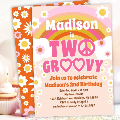 TWO Groovy Daisy Flower 2nd Birthday Invitation