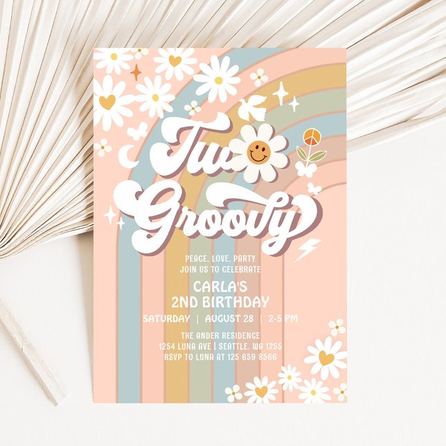 TWO Groovy Daisy Hippie 70's Retro 2nd Birthday Invitation (Creator Uploaded)