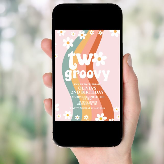 TWO Groovy daisy rainbow 2nd birthday Invitation (Front Digital)