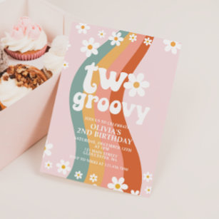 TWO Groovy daisy rainbow 2nd birthday Invitation