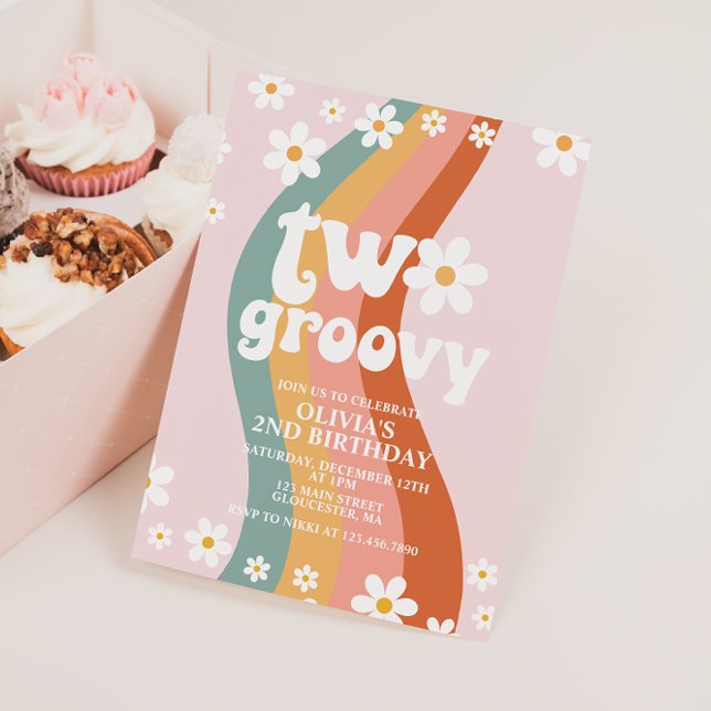 TWO Groovy daisy rainbow 2nd birthday Invitation (Creator Uploaded)