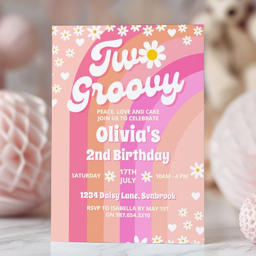 Two Groovy Daisy Rainbow 2nd Birthday Invitation