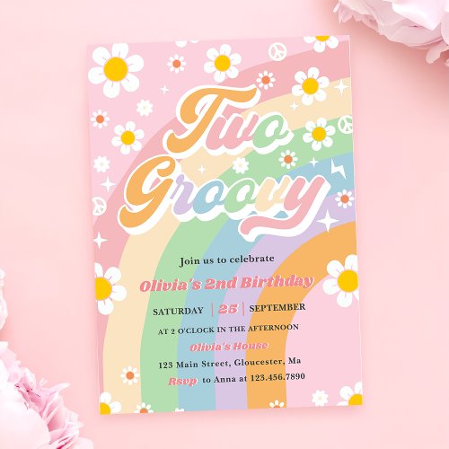 Two Groovy Daisy Rainbow 2nd Birthday Party Invitation