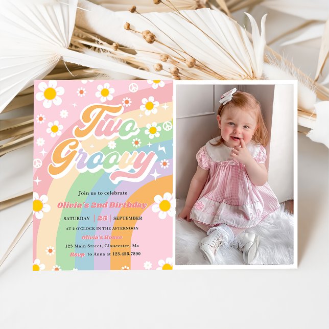 Two Groovy Daisy Rainbow 2nd Birthday Party Photo Invitation (Creator Uploaded)